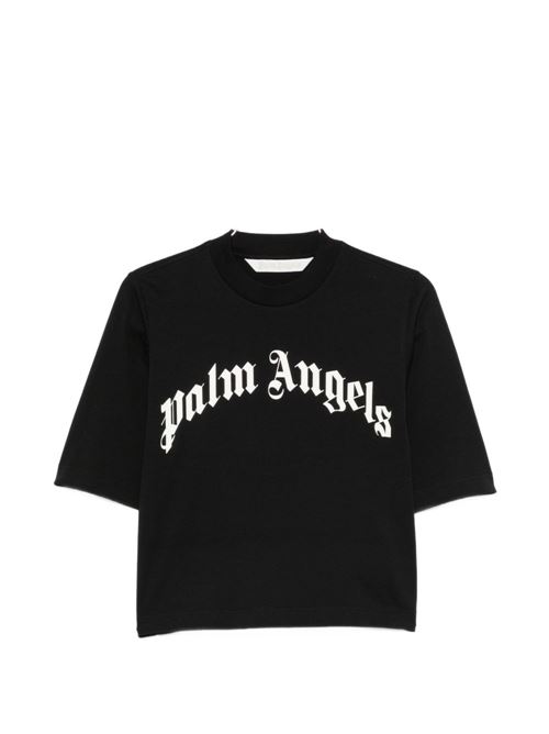 T-shirt cropped Palm Angels da donna nera con maxi logo bianco curvo PALM ANGELS | PAWAA003JR0011003